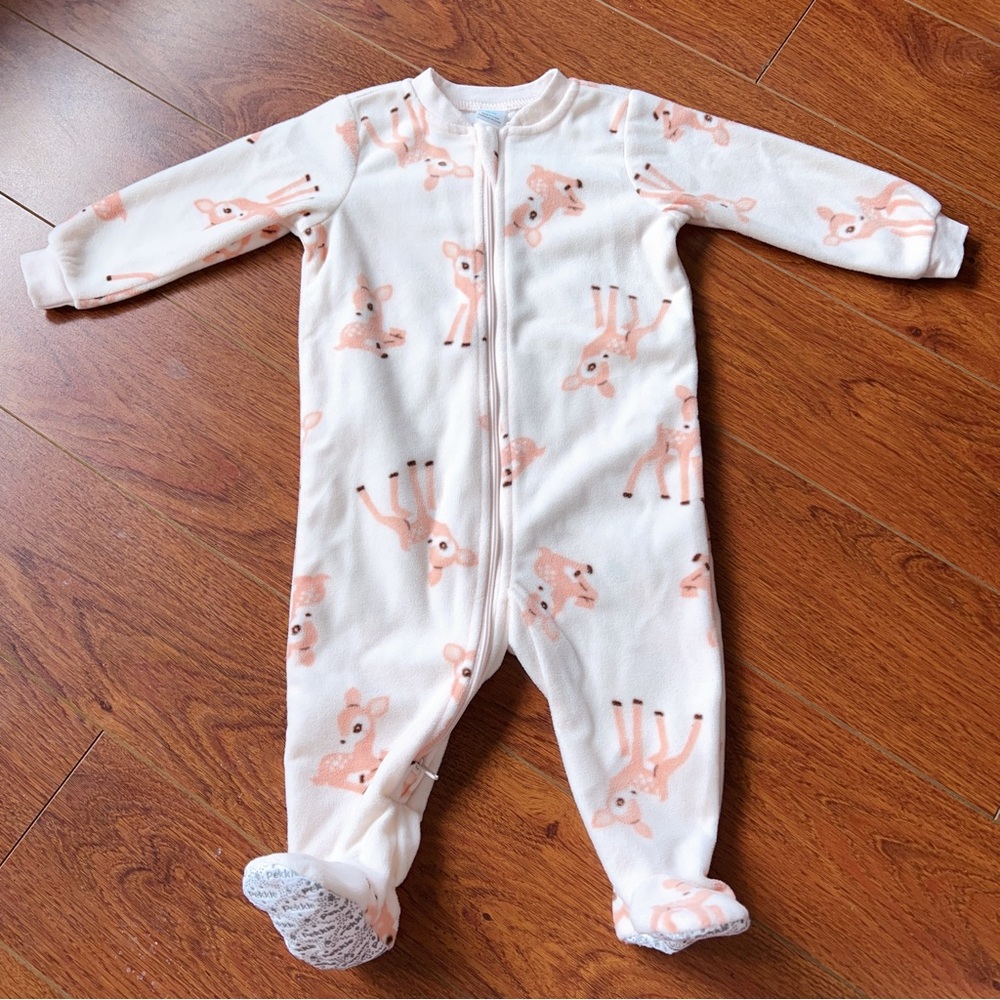Pekkle Baby Girl Deer Fleece Footie | Sleep & Play 9M White Pink